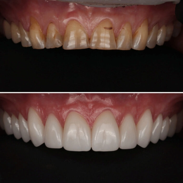 Before and after full mouth reconstruction at Transcend Dentistry in Vancouver, Canada, showing complete dental restoration and smile transformation.