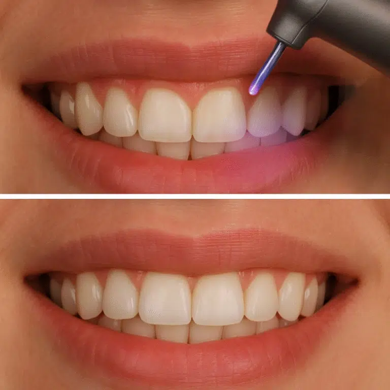 Before and after gummy smile laser treatment at Transcend Dentistry in Vancouver showing reduced gum display and a more balanced, confident smile.